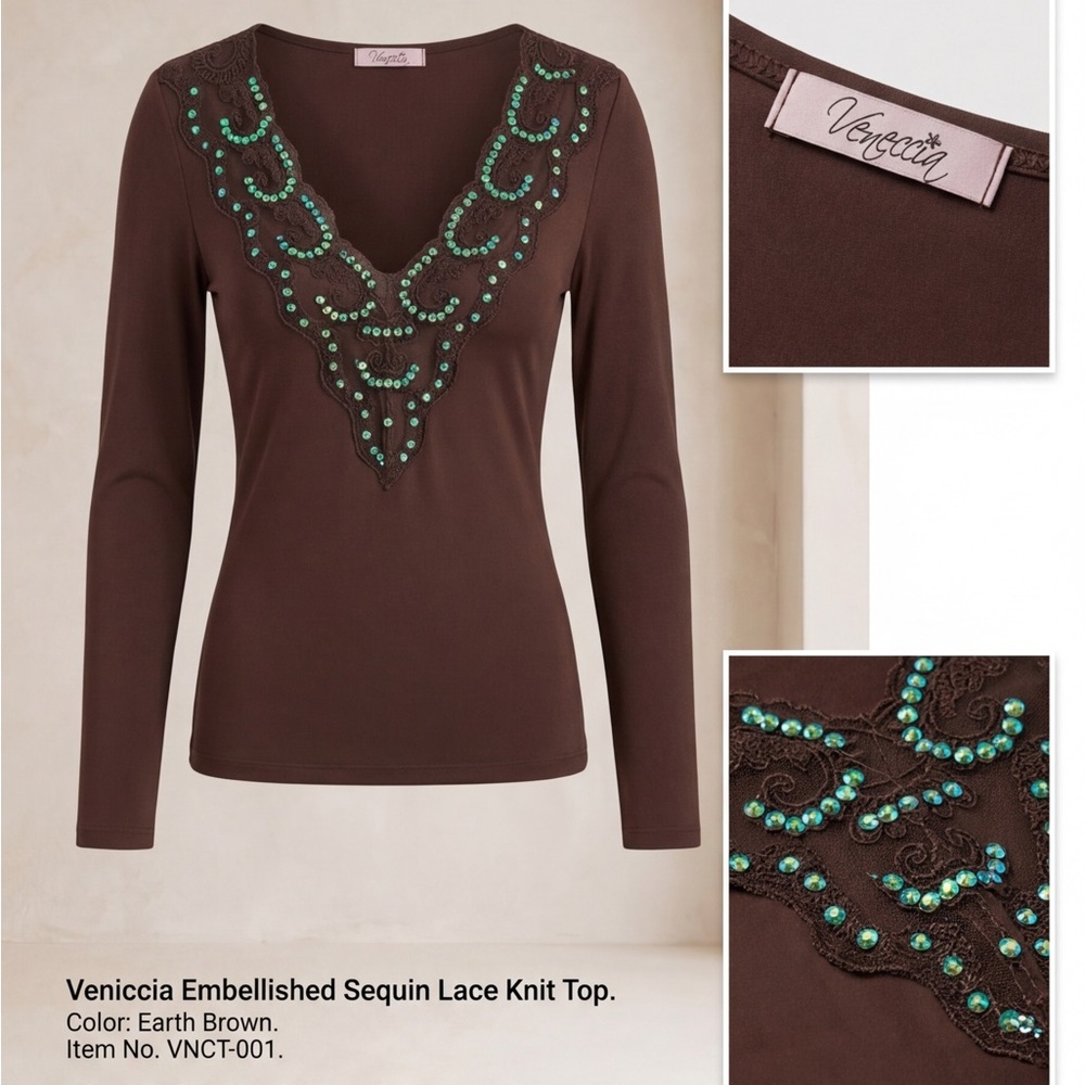 Earth Brown Embellished V-Neck Long Sleeve Top